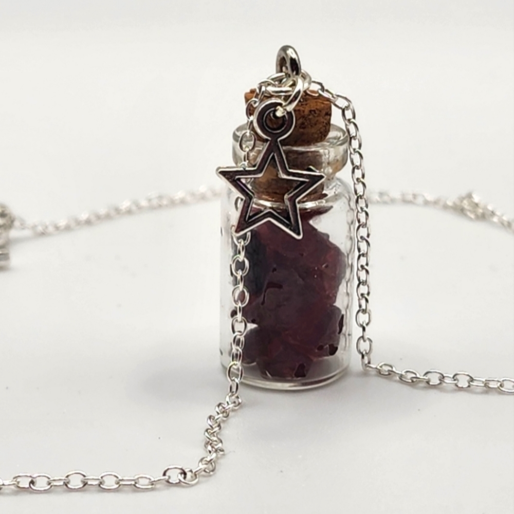 Spell Jar Necklace red Garnet chips silver star and chain.